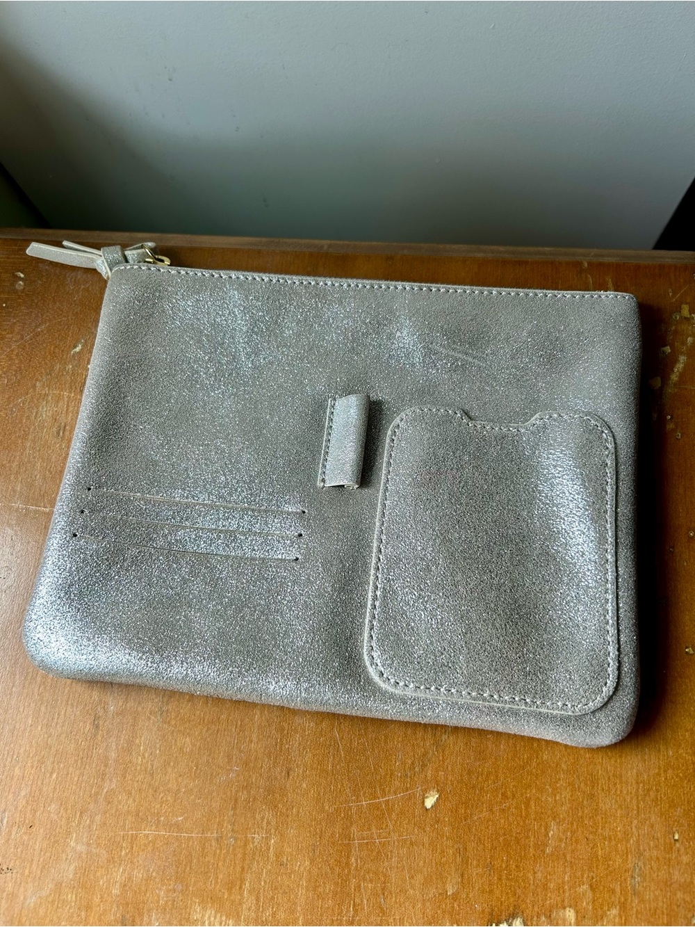 Anthropologie Leather Organizer Pouch Silver Glitter